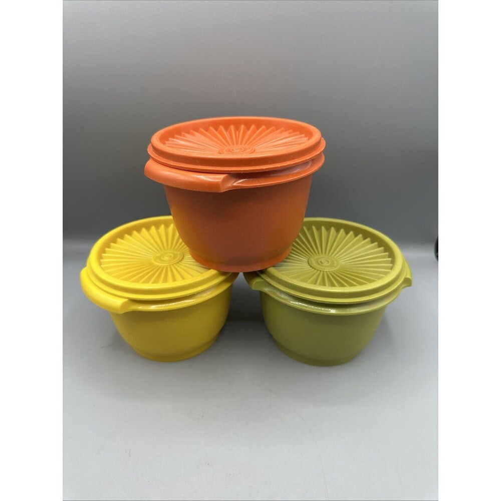 Vintage Tupperware Storage Containers & Lids 886 Green Orange Yellow Set/3